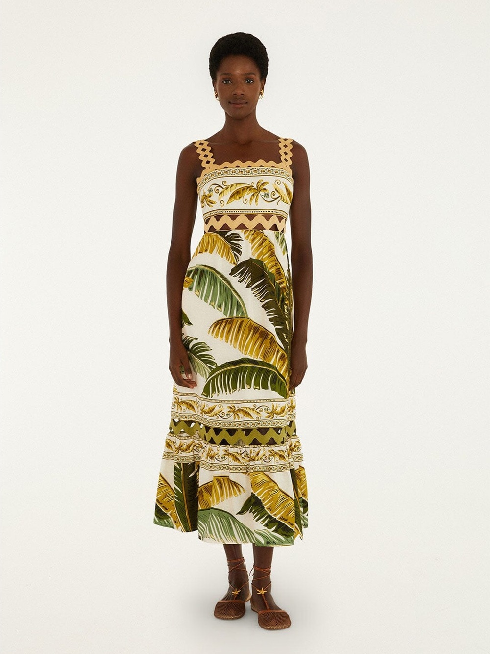 NWT FARM Rio Cream Midi Dress with Green & Gold Tropical Leaf Print XL